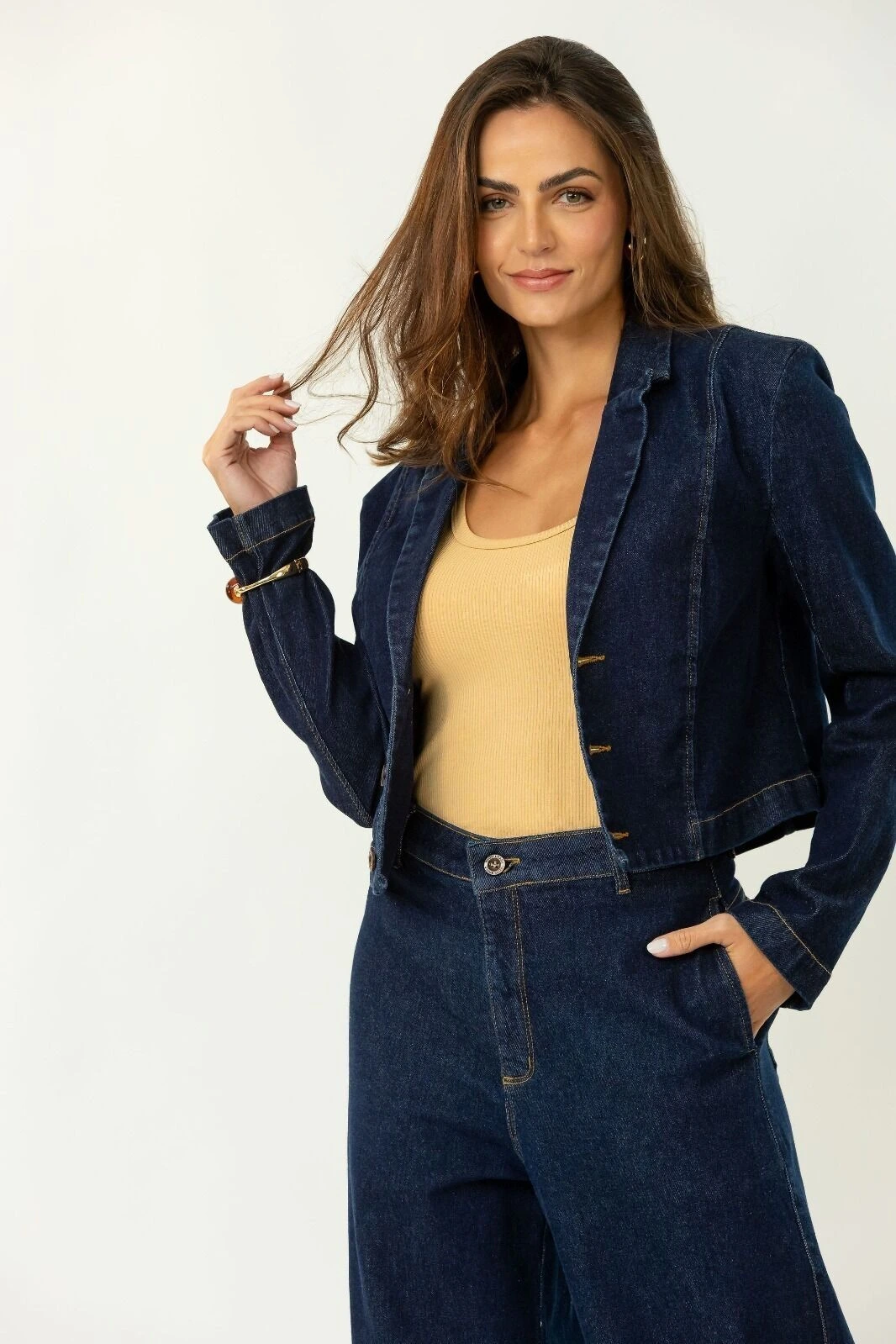 BLAZER CROPPED AMACIADO JEANS ESCURO